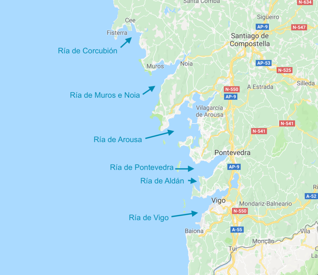 Mapa de las Rías Baixas con Vilagarcía de Arousa